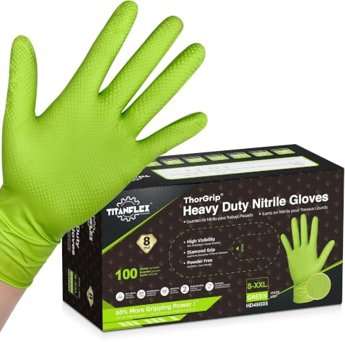 TitanFlex Heavy Duty Green Industrial Nitrile Gloves, 8-mil, XL, Box of 100, Latex Free, Raised Diamond Texture Grip, Powder Free, Food Safe, Rubber Gloves, Mechanic Gloves