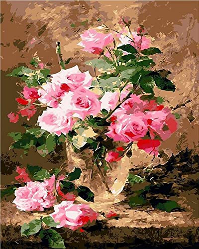 Shukqueen Malen nach Zahlen für Erwachsene DIY Öl-Malen nach Zahlen Kit für Erwachsene Kinder Anfänger – Rosa Rose im Glas – 40,6 x 50,8 cm (Selbstmontage-Holzrahmen)