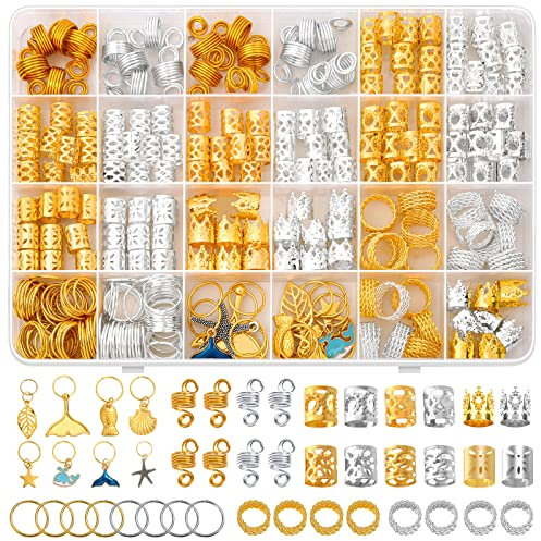 Qinzave 292 Stück Haarschmuck für Zöpfe, Gold und Silber, Anhänger für Zopf, Loc Schmuck für Haar, mit Ringmanschetten, Dreadlock-Zubehör, für Männer, Frauen, Mädchen