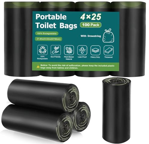 100 Portable Toilet Bags, Biodegradable with Drawstring & Lemon Scent, for 5-8 Gallon Bucket Seat for Outdoor Camping Car Travel