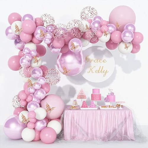 Luftballon Girlande Rosa Weiß Ballon Girlande enthalten Rosa Konfetti balloon Schmetterlings Dekoration-Rosa Weiß Ballon Sets mit Ballon Tools - Geburstag Luftballons Rosa Weiß Balloons Set-113 Stück.