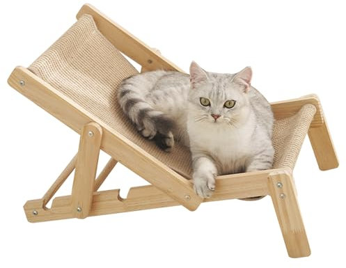 Dranng Silla Elevada De Sisal para Gatos, Silla De Playa, Hamaca para Gatos, Cama Rascadora, Madera Natural, Ajustable con Almohadilla De Sisal, Camas para Gatitos De Interior