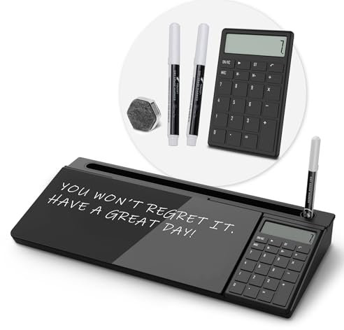TOWON Desktop Glass Whiteboard with Basic Calculator, 12 Digit LCD Display, Desk Organizers with Accessories for Office, Home, School Supplies, Storage with Dry Erase Board Surface, Black, 43 x 15 cm