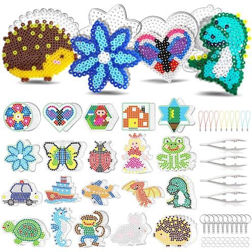 FUNZBO 20x Bügelperlen Platten Tiere & Motive [5mm Set] - Großes Steckplatten Set inkl. 4 Pinzetten, 10 Schlüsselanhänger & Schnüre - Geschenk für Bastelfans ab 6 Jahren (Ohne Perlen)
