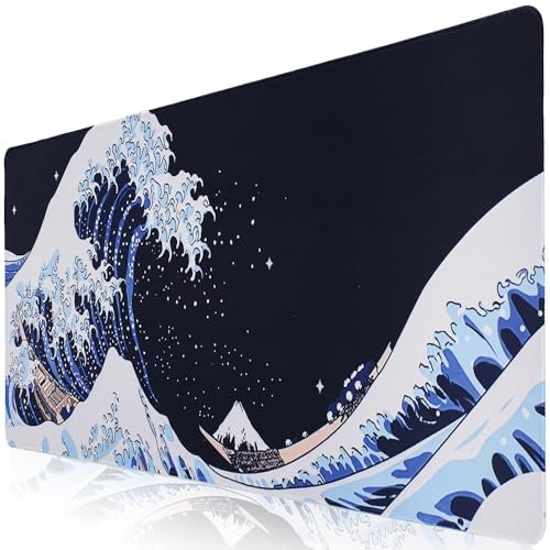 Sevenpers Mousepad,XXL Japanische Kunst Ukiyo-e-Motiv Mauspad,Mount Fuji und Ozeanwellen Dekorative Tischunterlage, für Maus und Tastatur,PC (900x400mm,Schwarz)