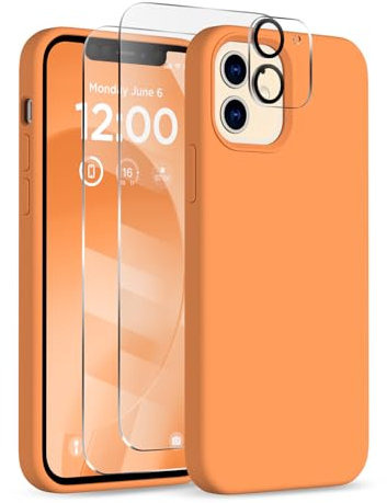 COFFKER for iPhone 12 Case and iPhone 12 Pro Case, [Camera Lens Protector + Screen Protector], Soft Microfiber Lining Silicone Shockproof Protective Slim Thin Phone Cover 6.1 inch, Orange