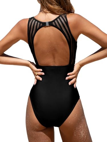 CUPSHE Damen Badeanzug High Neck Bauchweg Raffung Netzstoff Rückenfrei Elegant Einteilige Bademode Swimsuit Schwarz XL