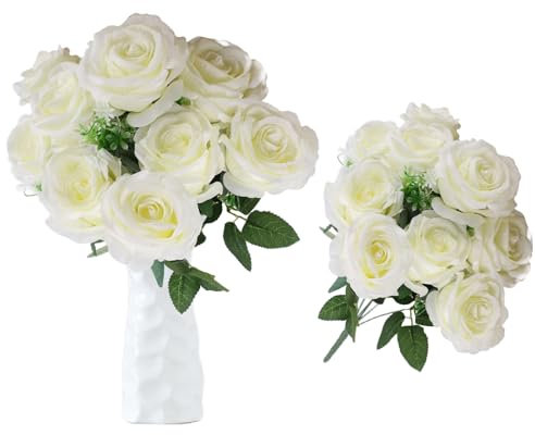 astylishome Decorative Artificial Flowers White Fake Roses 10 Pcs Faux Rose Flower Craft Accessories with Stems for Home Wedding Hotel Office Centerpiece Decor 1208