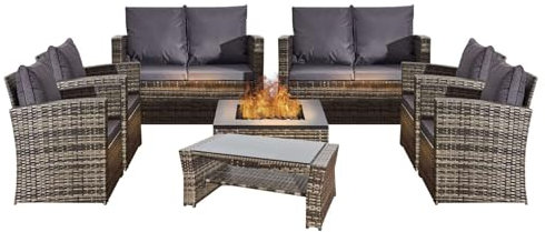 BUYEREMPIRE 8 Seater Rattan Garden Furniture Set Mix Grey Lounger Patio Wicker Conservatory 4 Armchairs 2 Double Seater Sofa 1 Fire Pit 1 Glass Dining Table & Cushions for Indoor | Outdoor Sittings