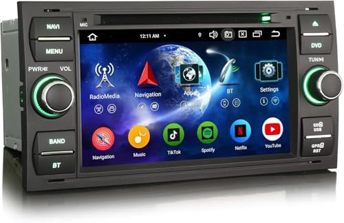 Erisin 8-Core 4GB+64GB Android 14 Car Stereo GPS Sat Nav for Ford C-Max S-Max Focus Galaxy Kuga Connect Fiesta Transit 7 DVD Player Supports IPS CarPlay Android Auto DSP DAB+ Bluetooth 5.0 OBD2 WiFi