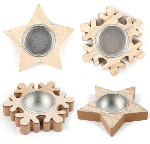 Teelichthalter Holz 4 Stück, Kerzenhalter Holz Stern Schneeflocke, Teelichthalter Weihnachten, Bastelset Weihnachten Kinder, Kerzenständer Holz für Weihnachten Tischdeko