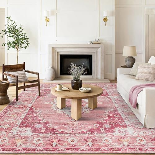 Taleta Washable Rugs Living Room Large Pink Non Slip Vintage Rug for Bedroom Soft Short Pile Oriental Area Carpet for Kitchen Dining Room (Pink, 200 x 290 cm)