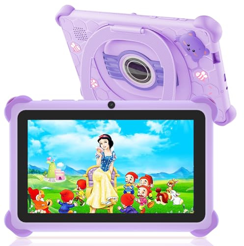 Tableta para niños, tableta de 7 pulgadas para niños, tabletas de 32 GB para niños pequeños con funda incluida, control parental, cámara dual, aplicaciones educativas, GMS, WiFi (morado)