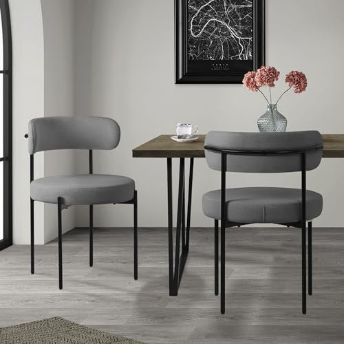 ML-Design Lot de 2 Chaises de Salle à Manger, en Tissu Teddy Polyester, Gris, avec Dossier, Chaise Ronde Rembourrée avec Pieds Métalliques Noirs, Fauteuil Lounge Ergonomique de Salon Cuisine Bureau