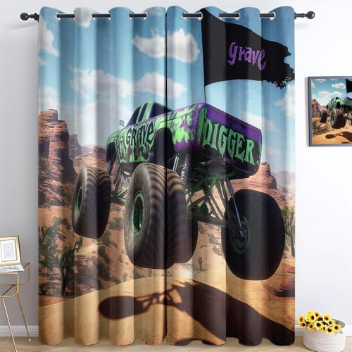 Generisch Bedruckte Verdunkelungsvorhänge H183 x B117 cm (2er Pack) mit Ösen, Blickdicht Wüsten Monstertruck Muster Privatsphäre Gardinen für Wohnzimmer Braun Grau Wärmedämmung Fenstervorhänge