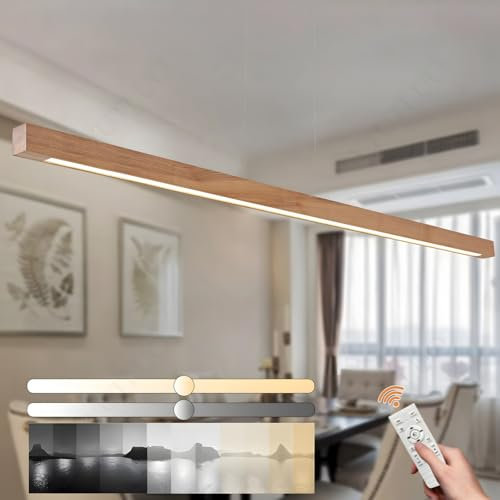 YYUTLUO Quaderförmiger Linearer Kronleuchter Aus Holz, Dimmbares Licht Mit Fernbedienung, Hängeschnur 150cm Verstellbar, LED Modernes Minimalistisches, Wohnzimmer, Büro, Küche (Holzfarbe 120cm)