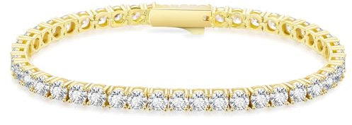 KRKC&CO Tennisarmband Armband Damen, 4mm Tennis Armband 14K Gold beschichtet, Zirkonia Kristall Armbänder Gold Iced Out, Hochzeit Geburtstag Geschenk für Frauen Mädchen [Größe 17,8cm]