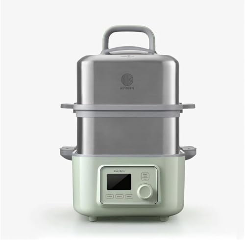 BUYDEEM Steamer All in One Food Steamer for Cooking – Stainless Steel 10L Capacity with Stew Pots and Ceramic Steaming Plate, 1500W, 6 Automatic Programs - Cozy Greenish