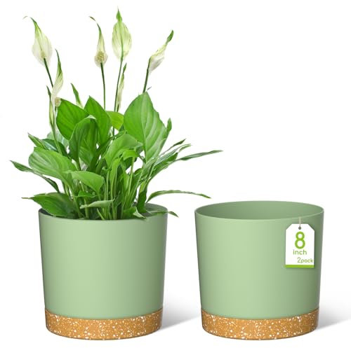 ZMTECH 20cm Plant Pots, Modern Planters with Drainage Holes and Detachable Saucer, Plastic Flower Pots for Plants for House Garden Windowsill (Set of 2, Green)