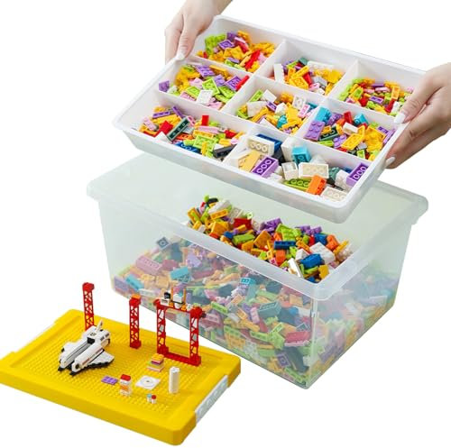 Cajas Almacenaje para Lego, Transparentes Cajas Organizadoras Plastico con Tapa, Cajas Almacenaje Juguetes con Compartimentos para Puzzles, Juguetes (Amarillo)