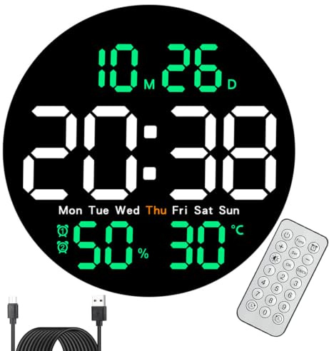 arsglaci LED Wall Clock with Temperature and Humidity Display with 10 Levels of Dimming and Remote Control.