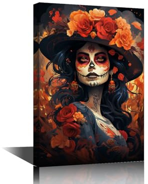 Tag der Toten, Zuckerschädel Mädchen, Leinwanddrucke, Schlafzimmer, Wohnzimmer, Wanddekoration, Frau mit Zuckerschädel, Make-up, Gemälde, Kunstwerk, Frau mit Hut mit Rosen, Poster für Heimdekoration,
