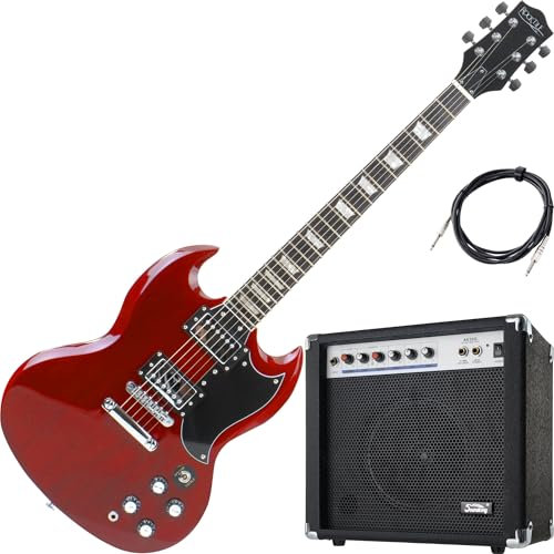 Rocktile Pro S-Red E-Gitarre Heritage Cherry AK20G Set – E-Gitarre mit Verstärker und Kabel – Humbucker Pickups - Korpus Linde, Hals Ahorn, Griffbrett Palisander - Finish Gloss - Anfänger Komplettset