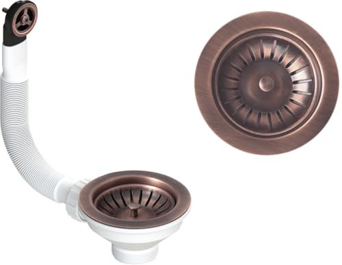 Piletta pilettone di scarico tipo basket per lavello lavabo con troppo pieno, con attacco da 11/2 e Foro da Ø 90mm, Pilettone Ø 114mm, piletta standard in Vecchio Rame con vite e cestello