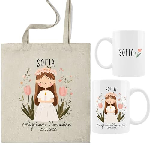ELISA BOTELLA Pack Primera Comunión Personalizado, Bolsa y Taza con Nombre y Fecha, Diseño Floral, 350ml