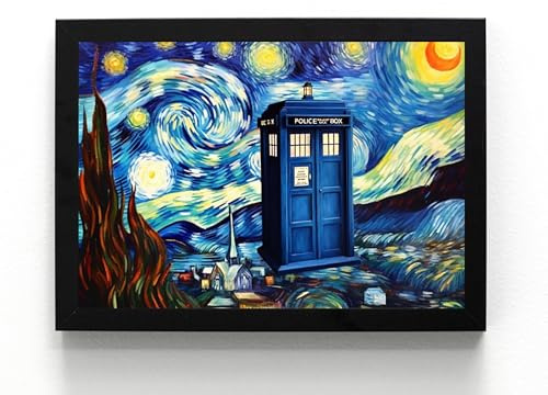 STONE ROSES Gerahmter Kunstdruck Doctor Who Police Box Starry Starry Night, Van-Gogh-Stil, abstrakt, Geschenkidee, TV-Serie (gerahmt, 21 x 16 x 1 cm)