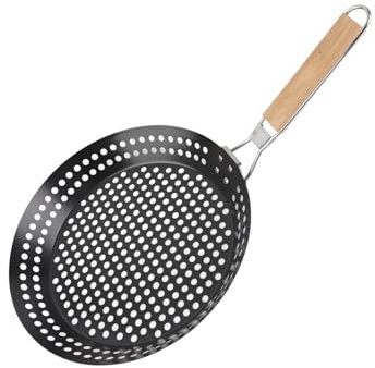 Juroupi Non Stick Metal Grilling Skillet with Folding Wooden Handle Grill Skillet Pan with Holes for Outdoor Grill Topper Barbecue Pan for Vegetables Seafood Meat