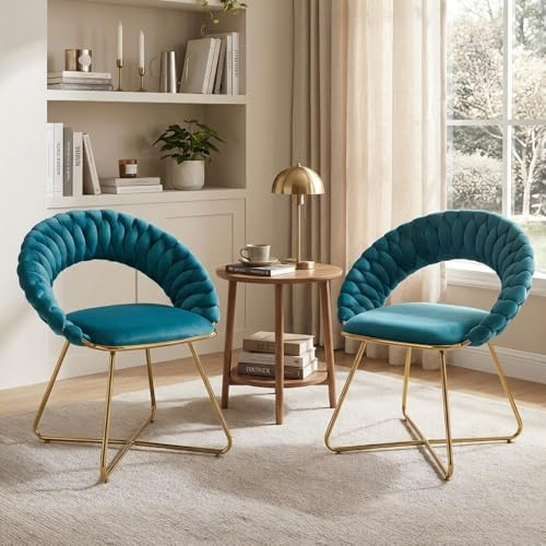 Ya-Home Sessel 2er Set Loungesessel Samt gepolsterter Akzentstuhl mit gewebter Rückenlehne Schminkstuhl mit goldenen Metallbeinen für Wohnzimmer/Schlafzimmer, Blau