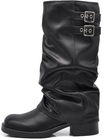 IF Stivali al Ginocchio Donna in Ecopelle Nera con Fibbia Laterale Stile Retro Robin, Design Arricciato Tacco Basso Comodo MP730-1 Nero N.37