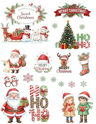 1Pack Festive Christmas UV Transfer Stickers Kit, High Self-Adhesive Waterproof for 16Oz Mugs Cups Glass Jars, Cute Santa Snowman Reindeer Penguin Xmas Tree Decor DIY Gift