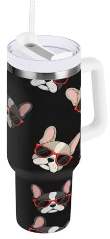 RPLIFE Cute Cartoon French Bulldog Red Tumbler, Stainless Steel Bottle, Insulated Cup with Straw, Coffee Tumbler for Women