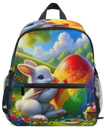 Osterhasen-Rucksack mit farbigen Eiern, für Kleinkinder, Mädchen, mit Namensschild, Reise-Büchertasche, 3–8 Jahre, Osterhase farbige Eier, Small, Niedliche Rucksäcke