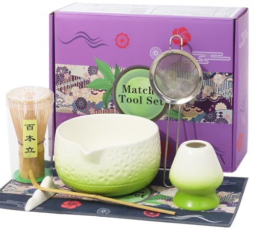Matcha Whisk Set,7 Pcs Matcha Set, Matcha Set Whisk and Ceramic Bowl Kit for Ceremony, Matcha Tea Set with Bamboo Whisk, Sifter, Bamboo Scoop and Holder and Accessories, Gift for Matcha Lover-Green