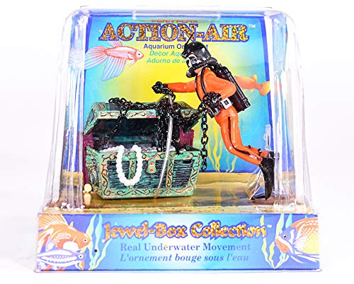 Penn-Plax Action-Air Belüftungs-Ornament – mit beweglicher Schatztruhe, schwimmendem Taucher und Blasen-Aktion – bietet Belüftung für Ihr Aquarium – Farbe kann variieren, klein