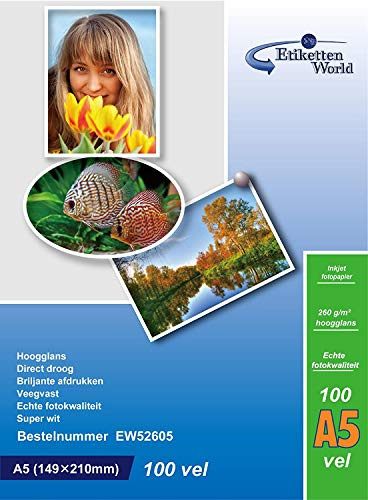 EtikettenWorld BV Fotopapier, A5 260g/m², Hochglanz (wasserfest, für Tintenstrahl- und Fotodrucker)