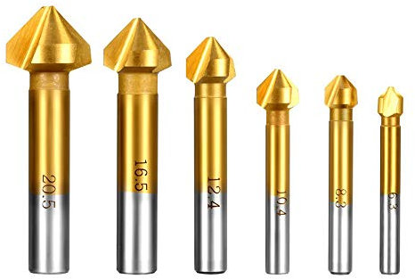 AOBETAK Set di punte svasatore per trapano con svasatura a 90° per legno e metallo morbido, in HSS 4241 rivestito in titanio, 6,3-20,5 mm,6 pezzi