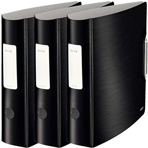 Leitz Qualitäts-Ordner 180° Active Style in gebürsteter Alu-Optik, A4, Runder Rücken, 8,2 cm Breite, Gummibandverschluss (3er Pack, Satin-Schwarz)
