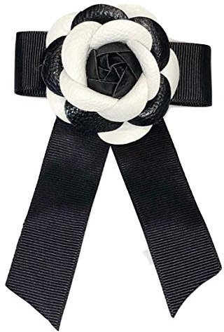 Brillabenny Broche Fleur Camélia Ruban Satin Haute Bijoux De Luxe Application Luxe Cuir Blanc et Noir Broche Broche Bijou Femme
