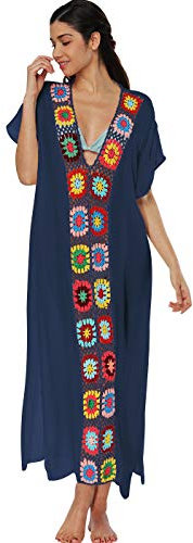 Vestidos de Playa Largos Cuello V Vestidos Pareos Playeros Boho Vestido Playa Mujer Kaftan Camisolas Caftanes Tunica Playa Piscina Ropa de Baño Playero Bikini Cover Up Tunicas Playera Camisola Armada