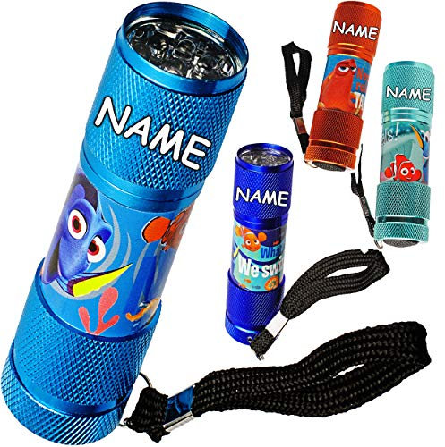 alles-meine.de GmbH 4 Stück Taschenlampen LED - Findet Nemo - inkl. Name - aus Metall - Mini Lampe/Schlüsselanhänger - 9 Fach LEDlicht - bunter Farbmix - Licht Auto Kindertas..