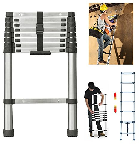 Telescopic Ladder 2.6M Ladder Extendable & Portable Folding Loft Ladder, 9 Steps Ladder with Spring Loaded Locking Mechanism Non-Slip Ribbing 330lbs Capacity for RV Outdoor Work