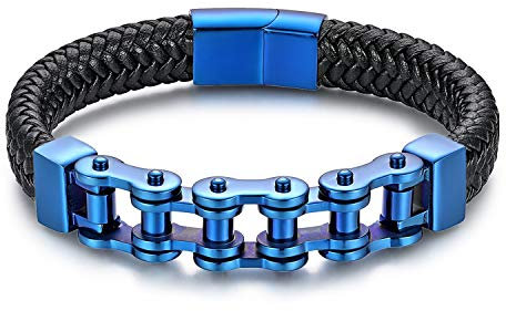 JewelryWe Schmuck Herren Lederarmband Edelstahl Fahrradkette Motorradkette Geflochten Leder Armband Armreif Blau Schwarz