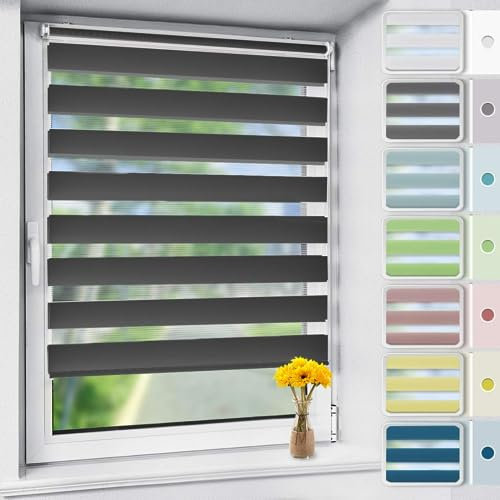 Vkele Doppelrollo Klemmfix ohne Bohren, 90x150cm(BxH) Anthrazit, Duo Rollo Zebrarollo Fensterrollo für Fenster und Tür, Lichtdurchlässig Verdunkelnd, Seitenzugrollo Sonnenschutz Sichtschutz