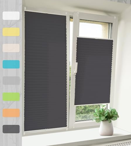 Vkele Plissee ohne Bohren Klemmfix – Faltrollo Jalousie Anthrazit 90x100cm(BxH), Lichtdurchlässig & Blickdicht, Sonnenschutz & Sichtschutz, Easyfix Rollo für Fenster & Tür