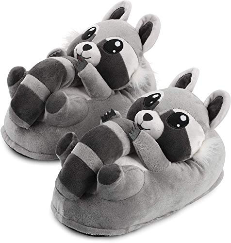 corimori Süße Plüsch Hausschuhe (10+ Designs) Waschbär Lina“ Slipper Einheitsgröße 25-33.5 Unisex Pantoffeln Grau Schwarz