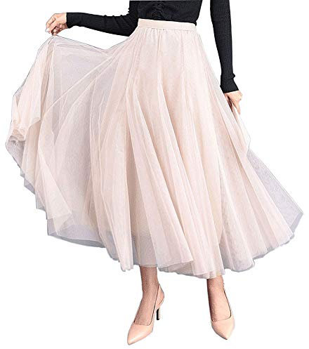 Carolilly Damen Tutu Tüllrock Langer Mesh Rock Knielang Elegante Tüll Röcke für Hochzeit, Einheitsgröße, Beige